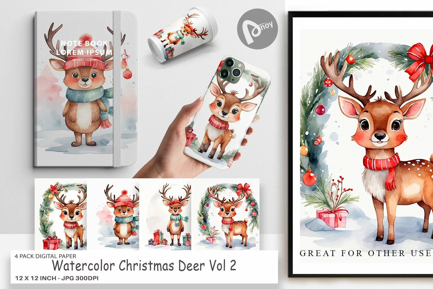 Digital Paper Watercolor Christmas Deer product image 1