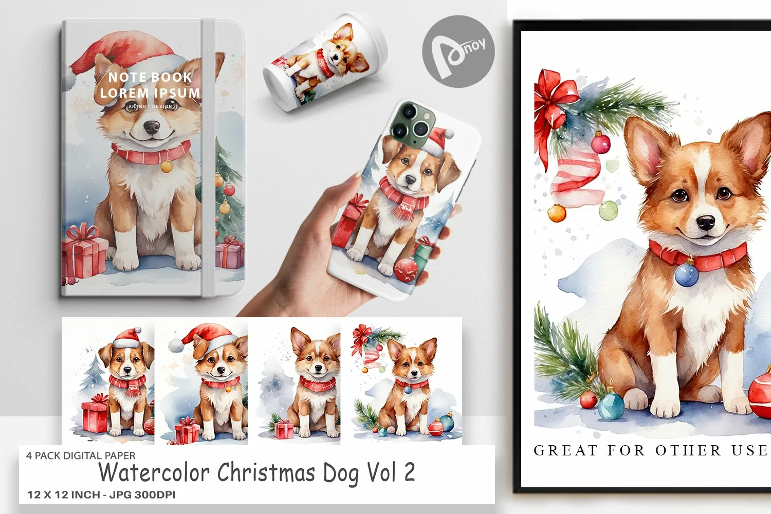 Digital Paper Watercolor Christmas Dog product image 1