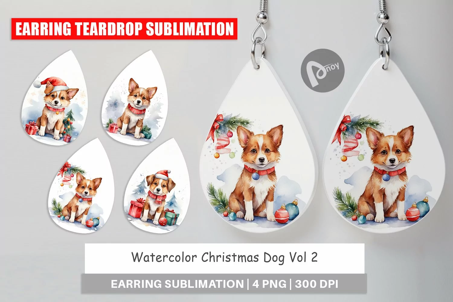 Earring Teardrop Watercolor Christmas Dog product image 1