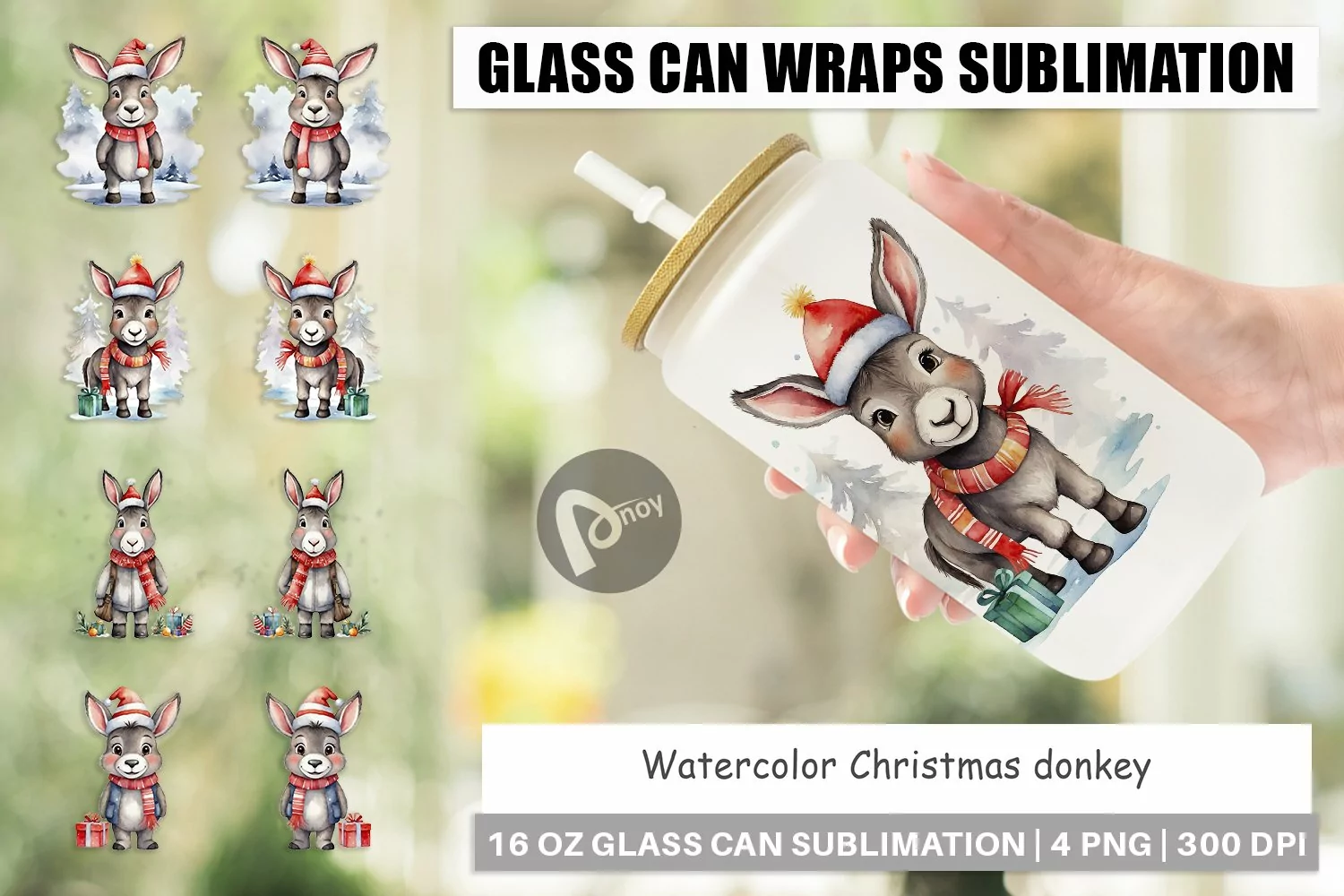 Glass Can Wraps Watercolor Christmas donkey product image 1