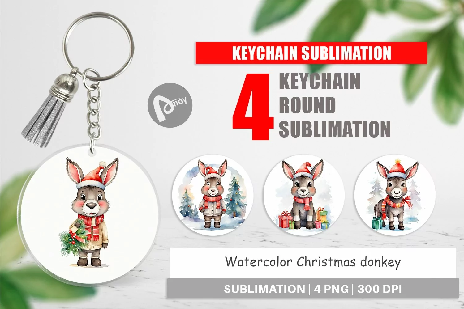 Keychain Watercolor Christmas donkey product image 1