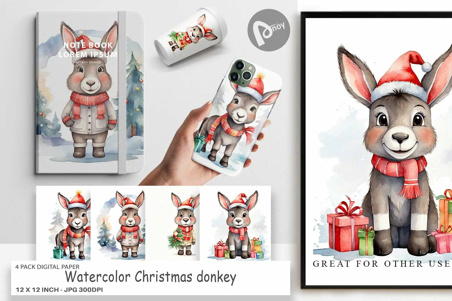 Digital Paper Watercolor Christmas donkey product image 1