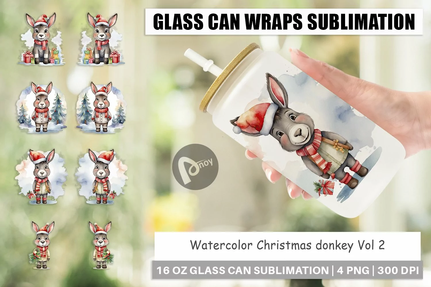 Glass Can Wraps Watercolor Christmas donkey product image 1