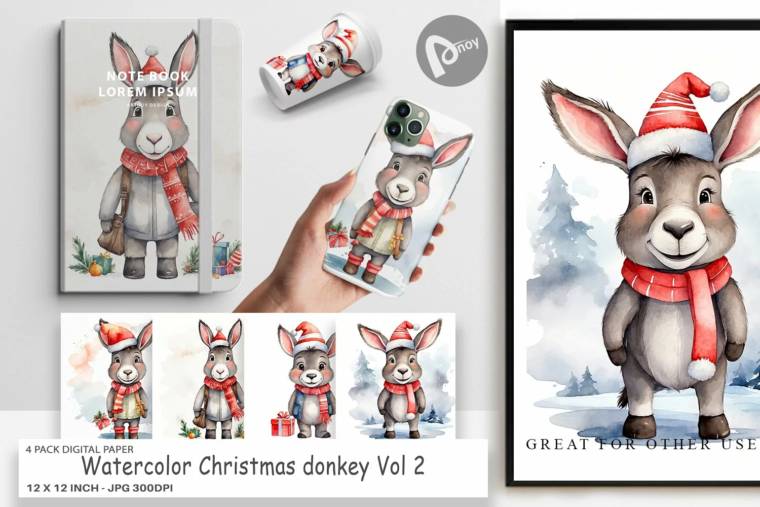 Digital Paper Watercolor Christmas donkey product image 1