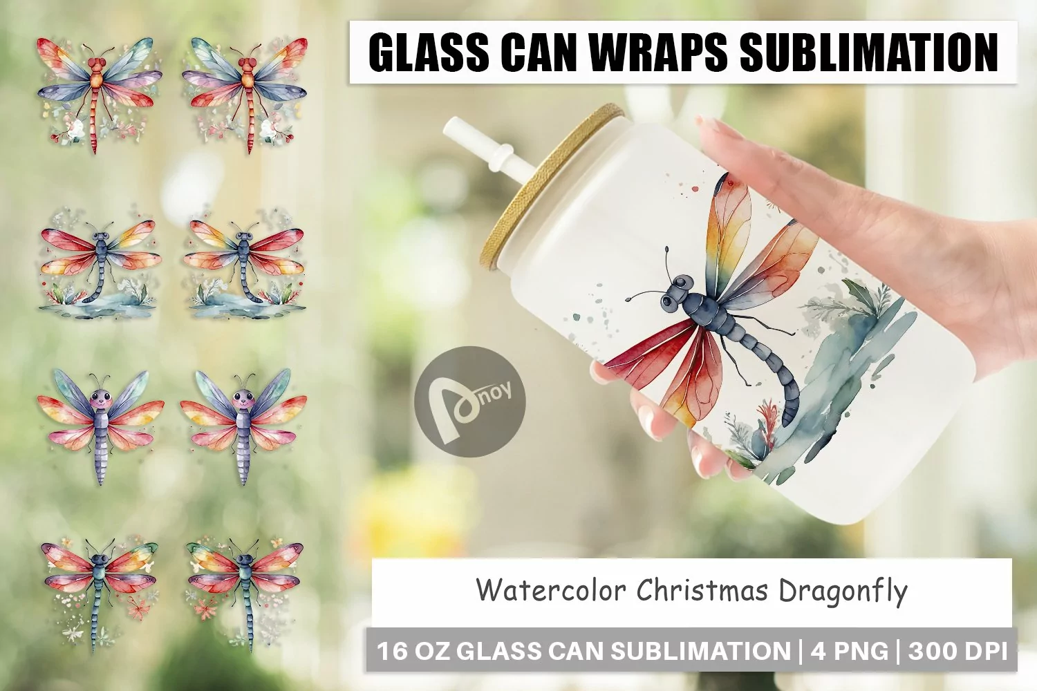 Glass Can Wraps Watercolor Christmas Dragonfly product image 1