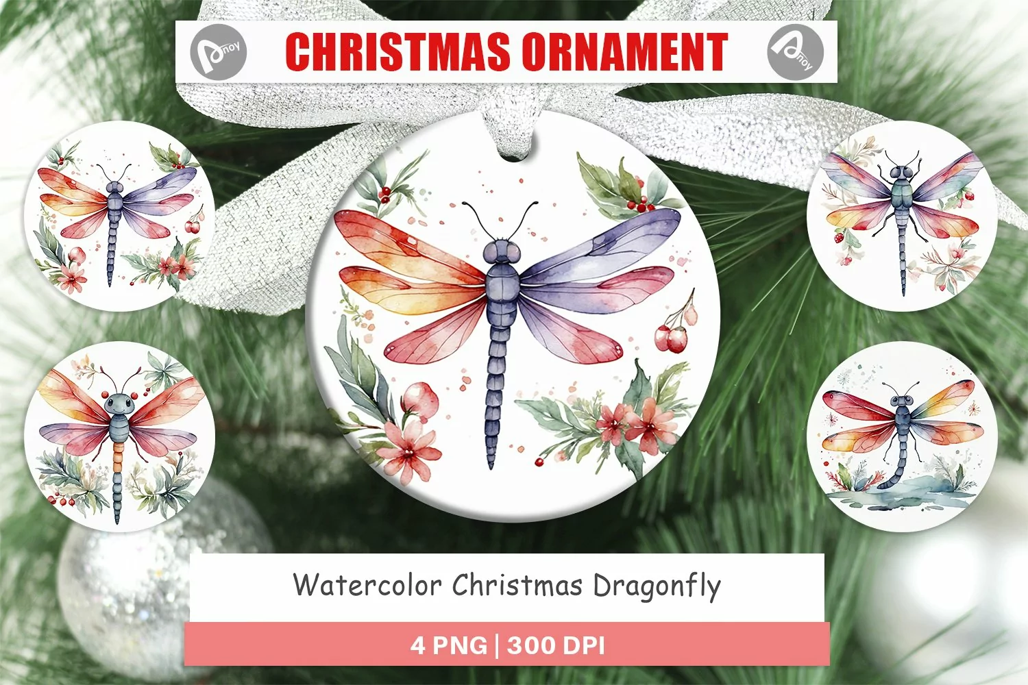 Christmas Ornaments Watercolor Christmas Dragonfly product image 1