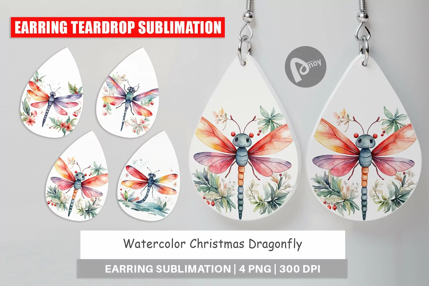 Earring Teardrop Watercolor Christmas Dragonfly product image 1