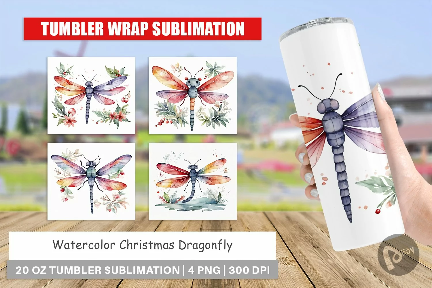 Tumbler Wrap Watercolor Christmas Dragonfly product image 1