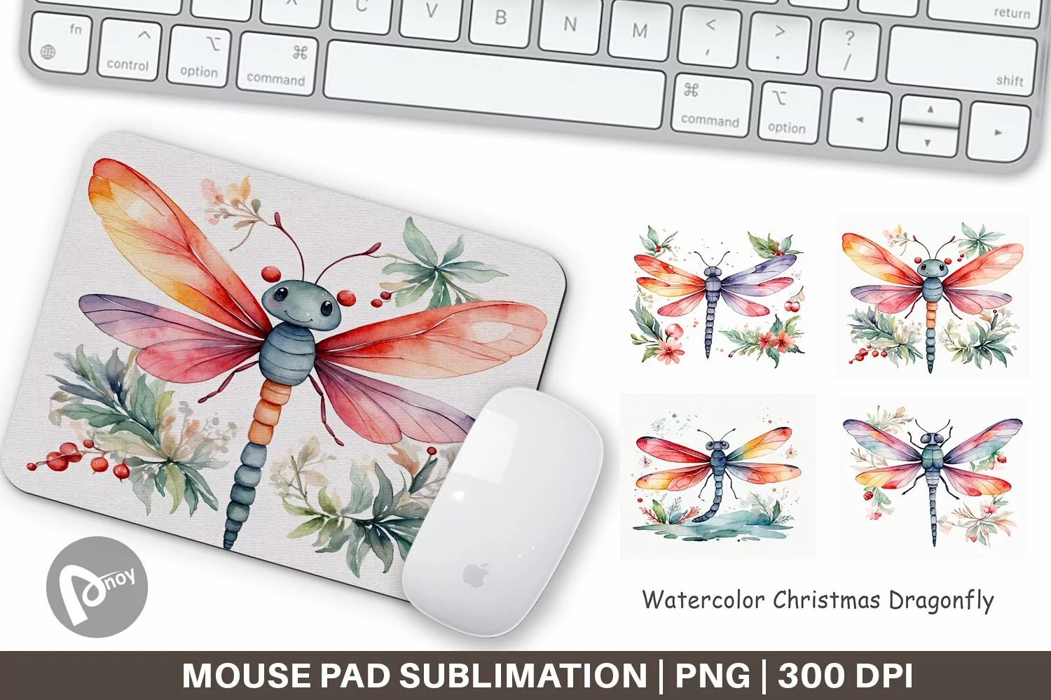 Mouse Pad Watercolor Christmas Dragonfly product image 1