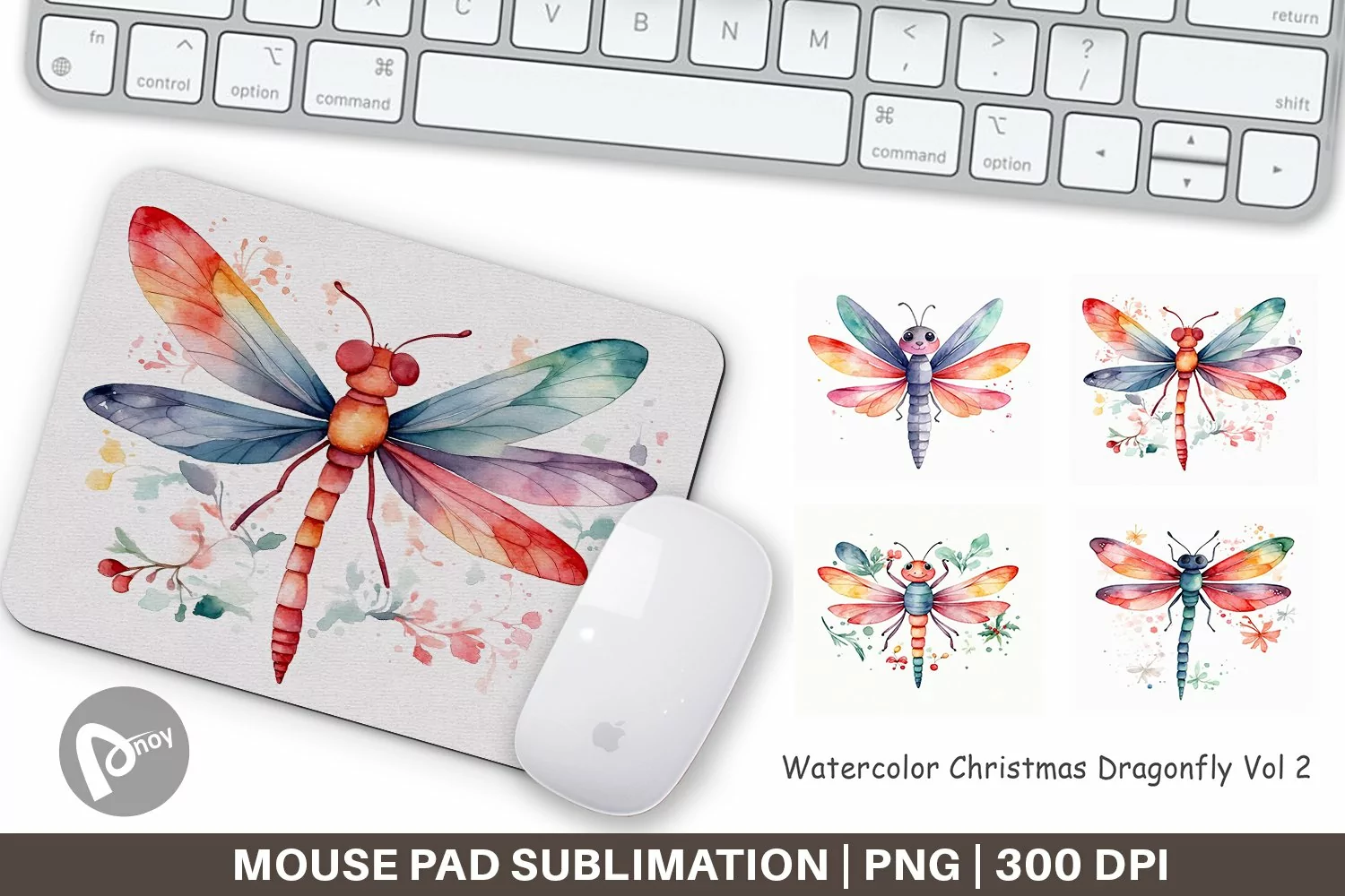 Mouse Pad Watercolor Christmas Dragonfly product image 1