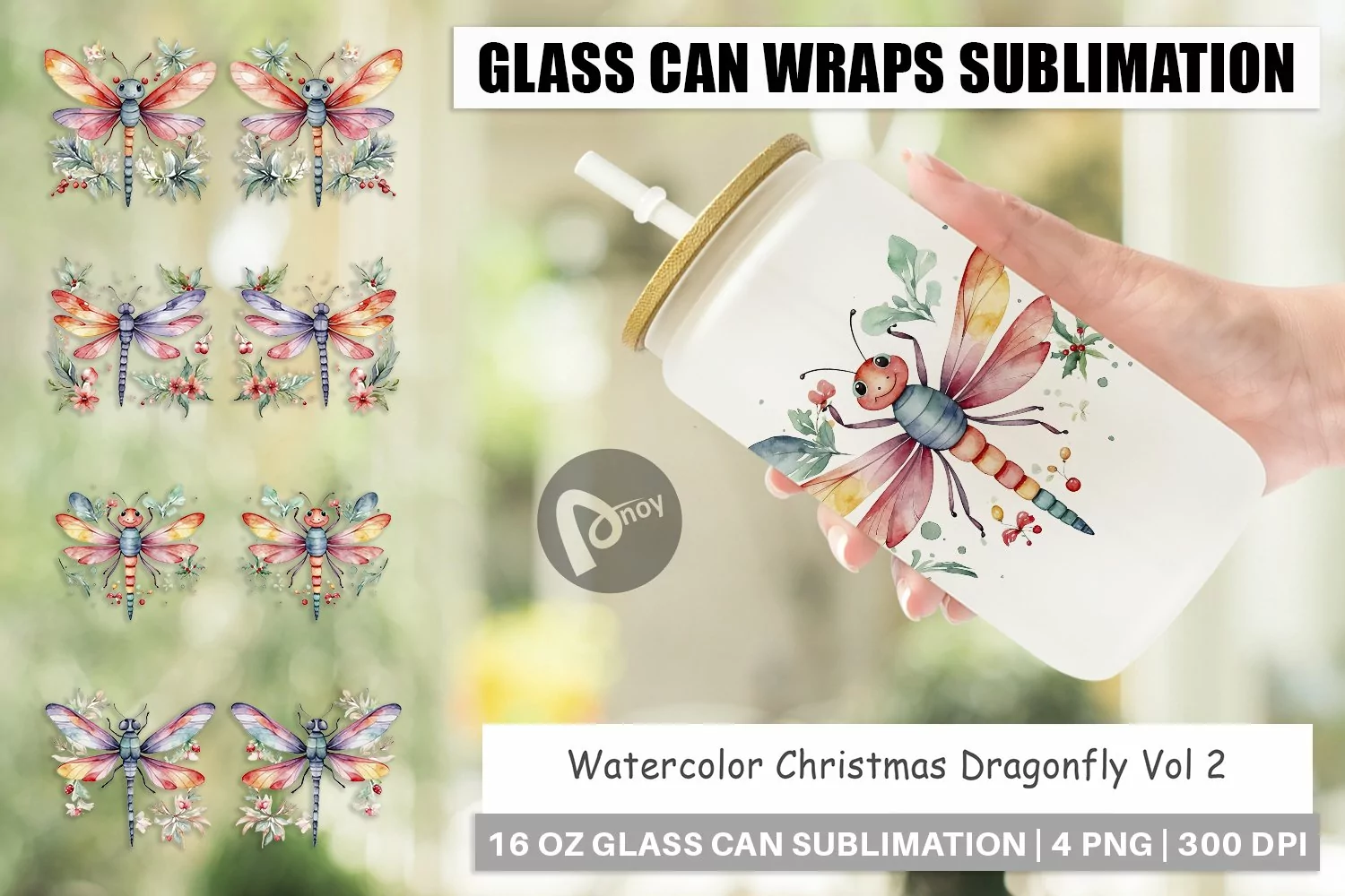 Glass Can Wraps Watercolor Christmas Dragonfly product image 1