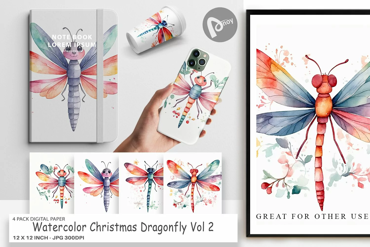 Digital Paper Watercolor Christmas Dragonfly product image 1