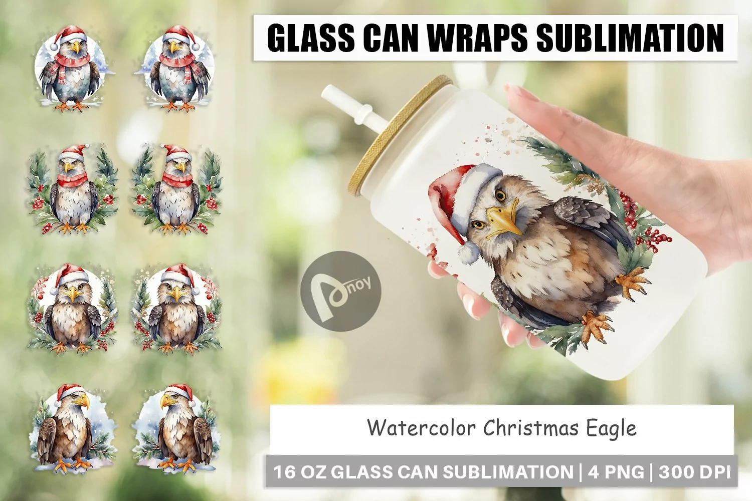 Glass Can Wraps Watercolor Christmas Eagle product image 1