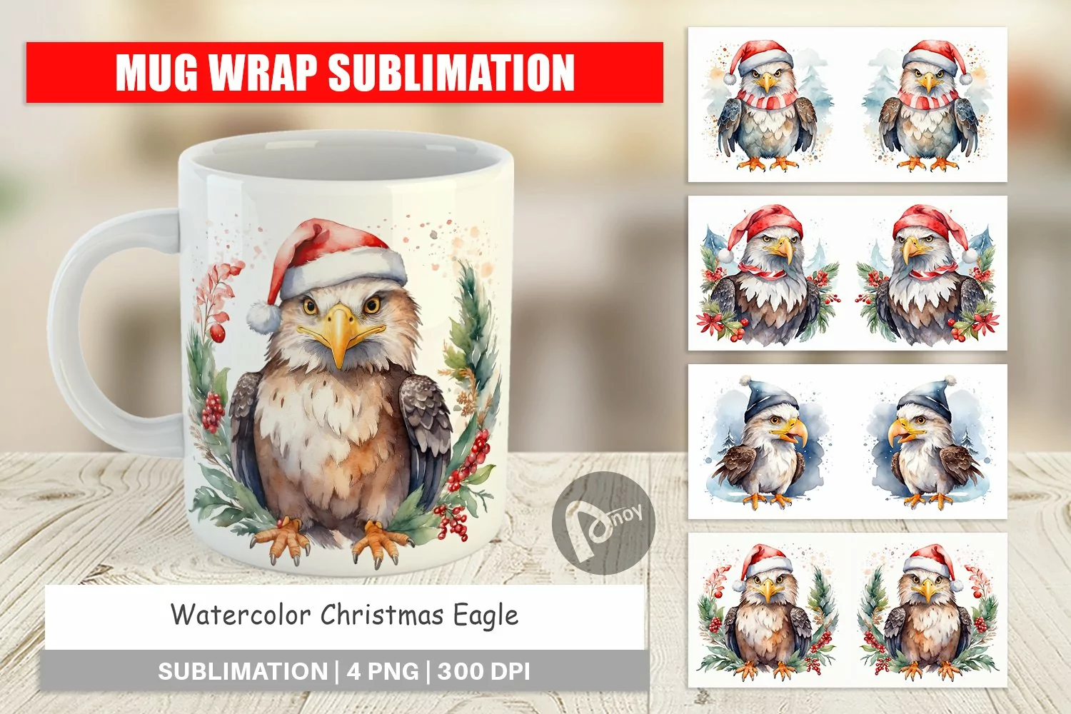 Mug Wrap Design Watercolor Christmas Eagle product image 1