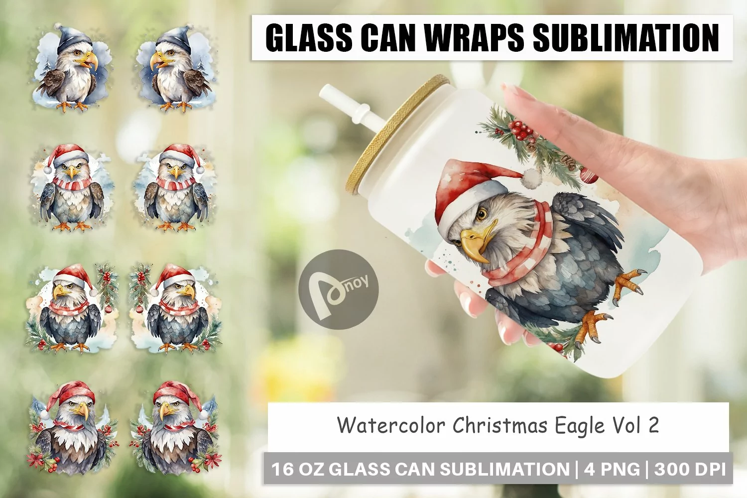 Glass Can Wraps Watercolor Christmas Eagle product image 1