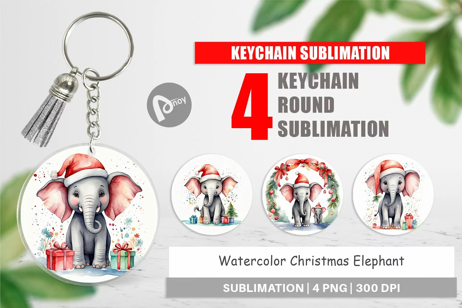 Keychain Watercolor Christmas Elephant product image 1