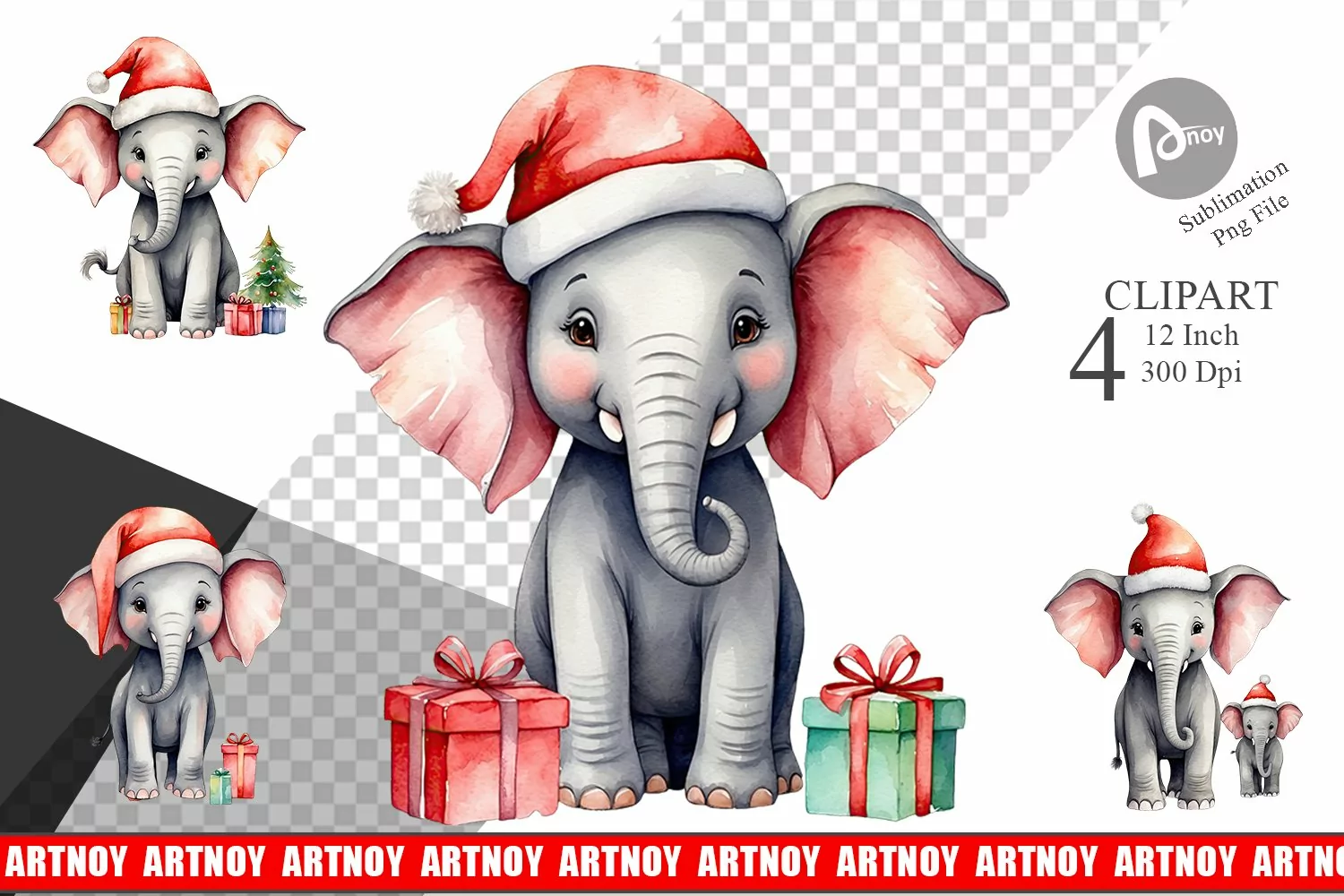 Clipart Watercolor Christmas Elephant product image 1