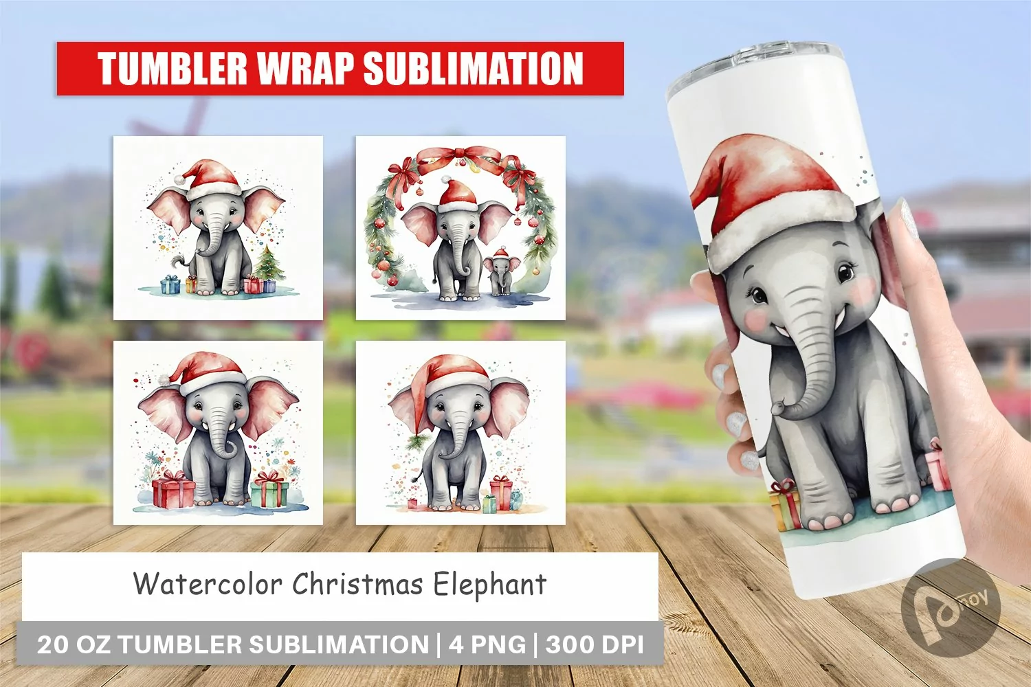 Tumbler Wrap Watercolor Christmas Elephant product image 1