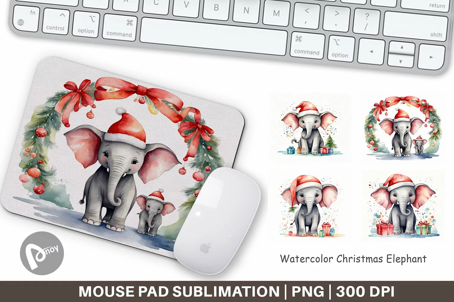 Mouse Pad Watercolor Christmas Elephant product image 1