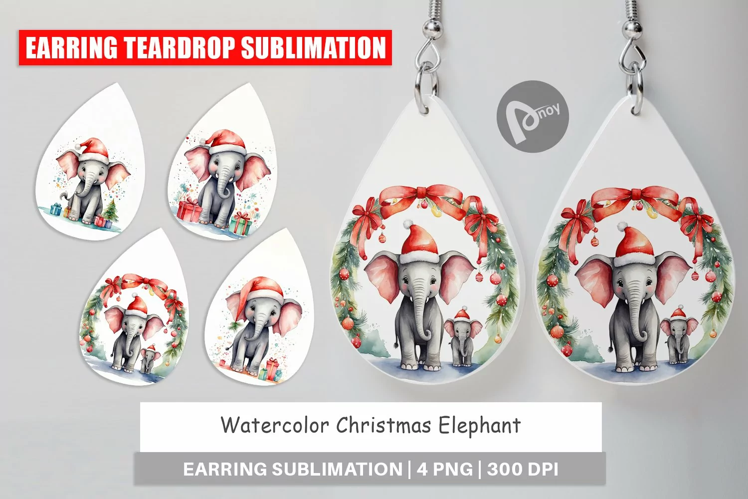 Earring Teardrop Watercolor Christmas Elephant product image 1
