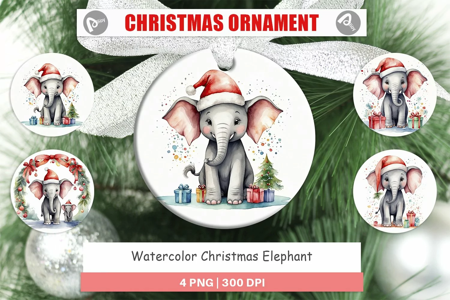 Christmas Ornaments Watercolor Christmas Elephant product image 1