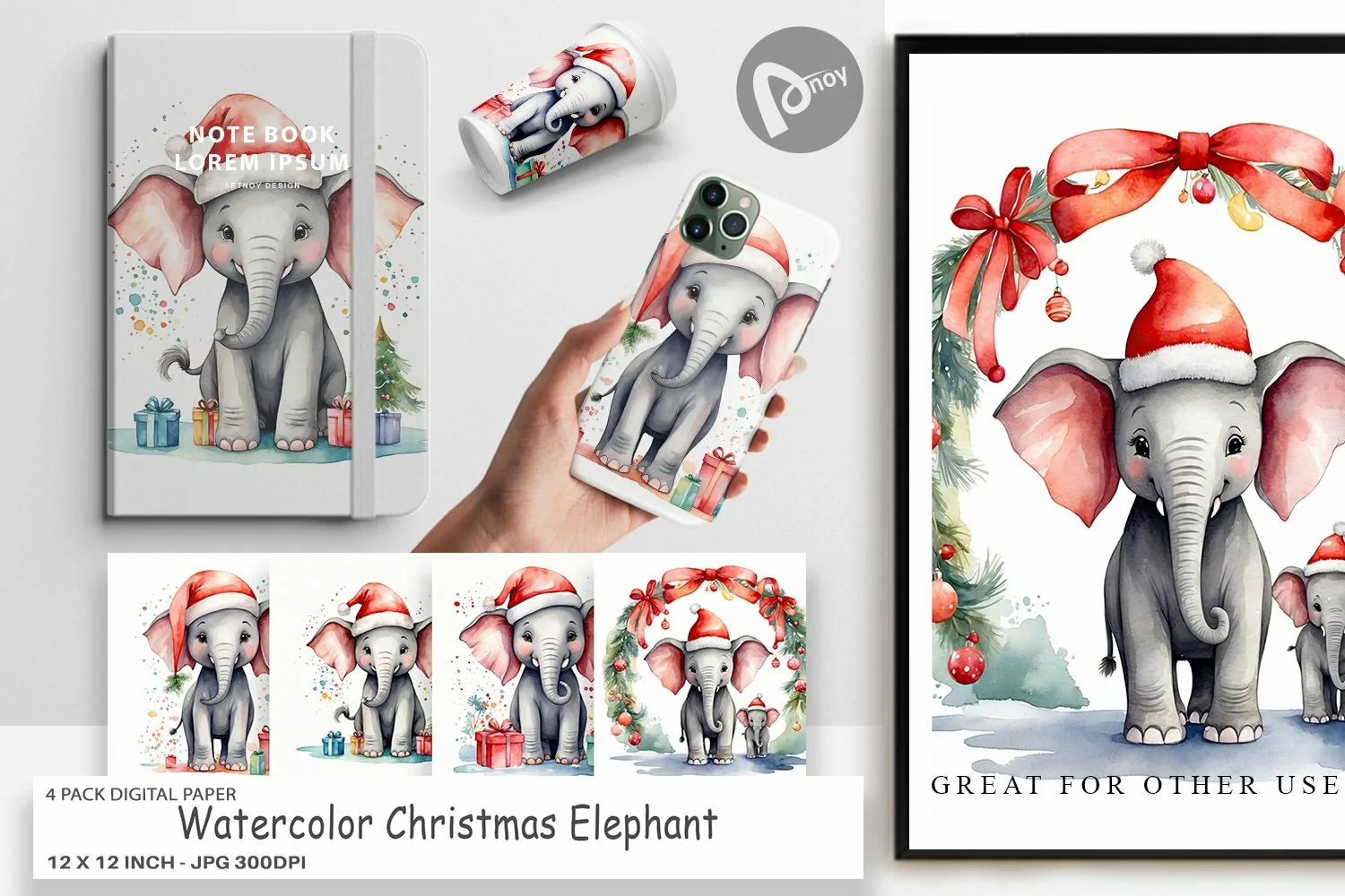 Digital Paper Watercolor Christmas Elephant product image 1