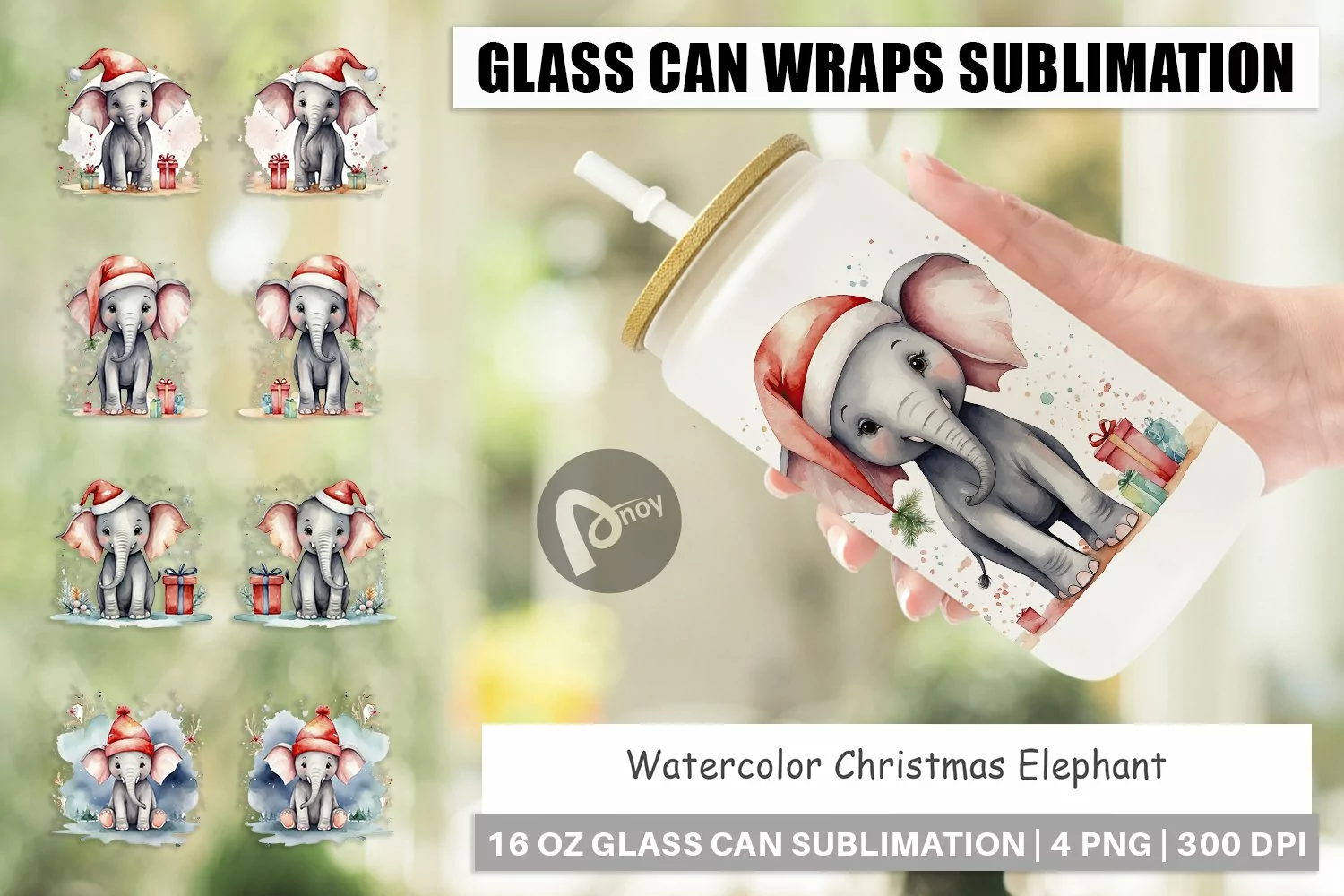 Glass Can Wraps Watercolor Christmas Elephant product image 1