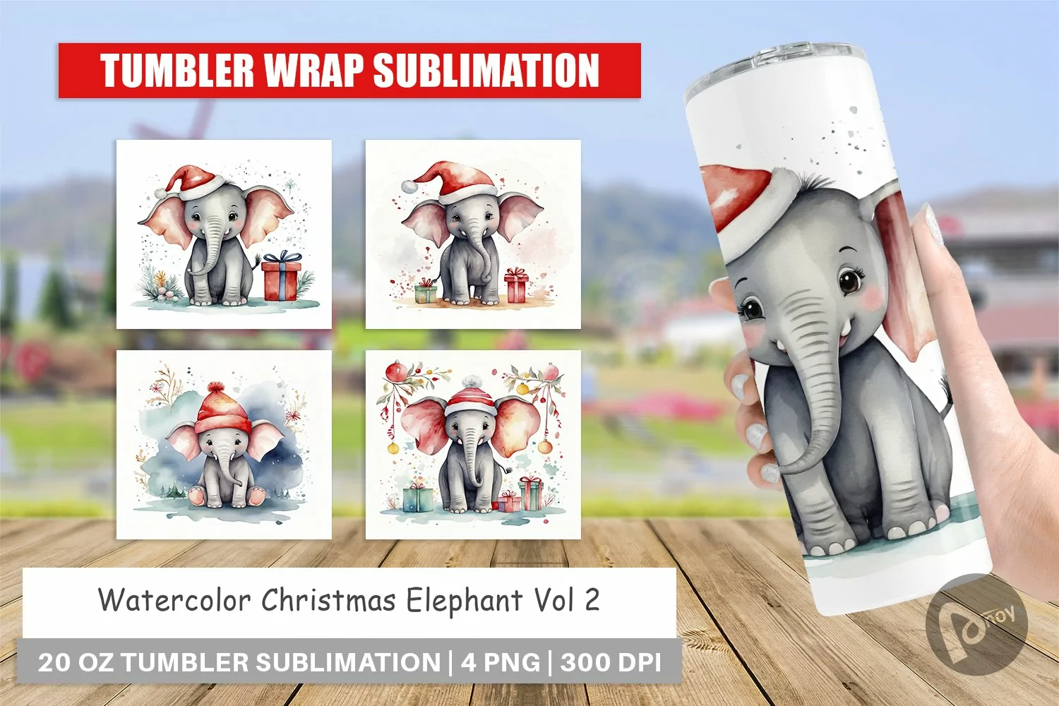 Tumbler Wrap Watercolor Christmas Elephant product image 1