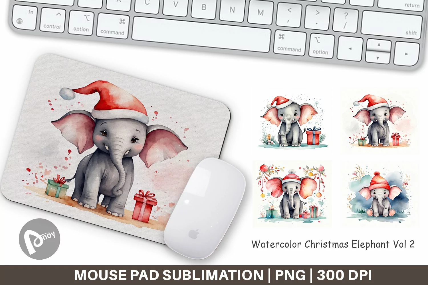 Mouse Pad Watercolor Christmas Elephant product image 1