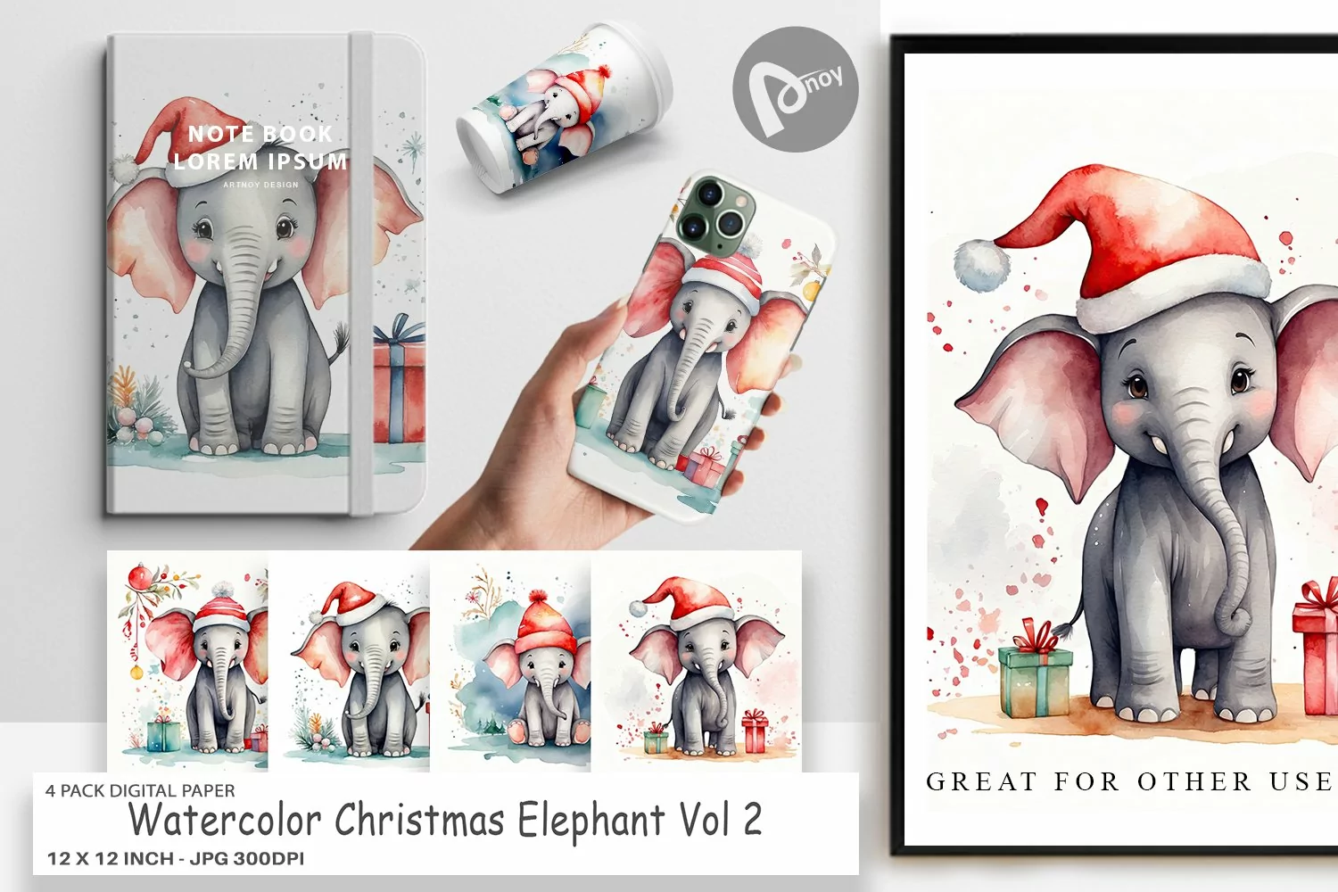 Digital Paper Watercolor Christmas Elephant product image 1