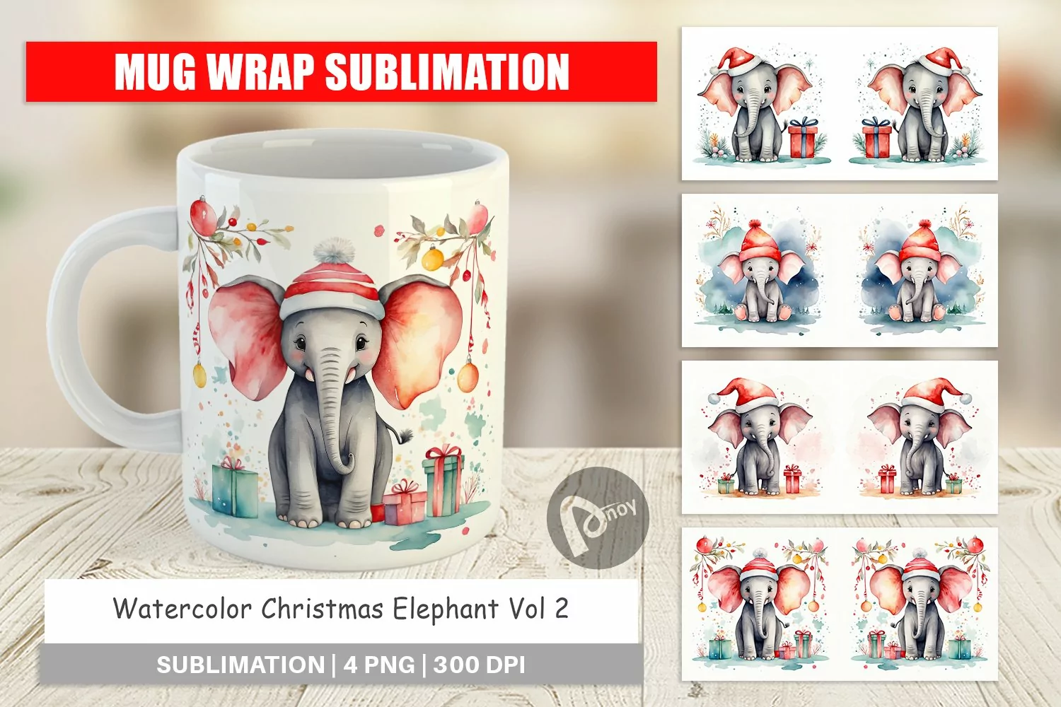 Mug Wrap Design Watercolor Christmas Elephant product image 1