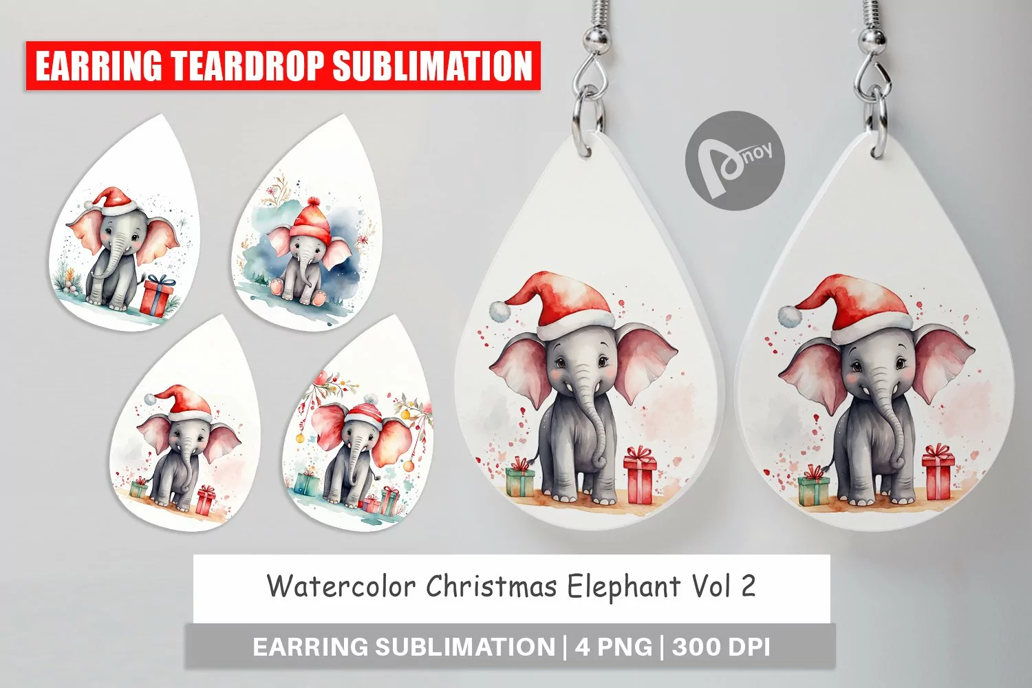 Earring Teardrop Watercolor Christmas Elephant product image 1