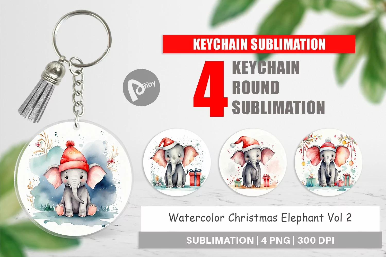Keychain Watercolor Christmas Elephant product image 1