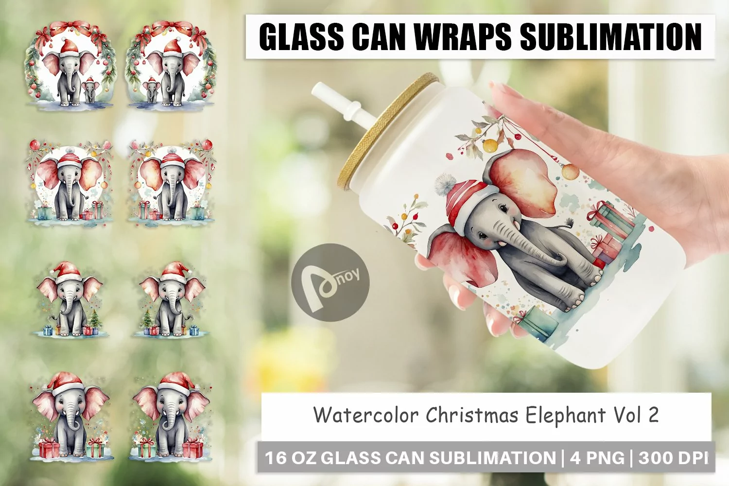 Glass Can Wraps Watercolor Christmas Elephant product image 1