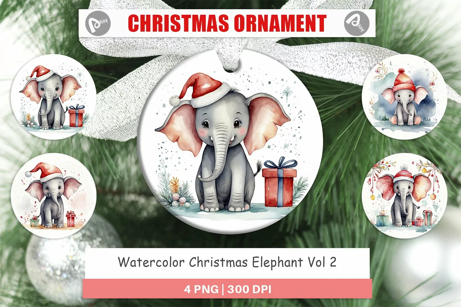 Christmas Ornaments Watercolor Christmas Elephant product image 1