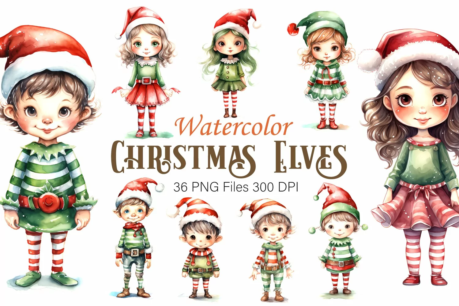 Watercolor Christmas Elves. Clipart. product image 1