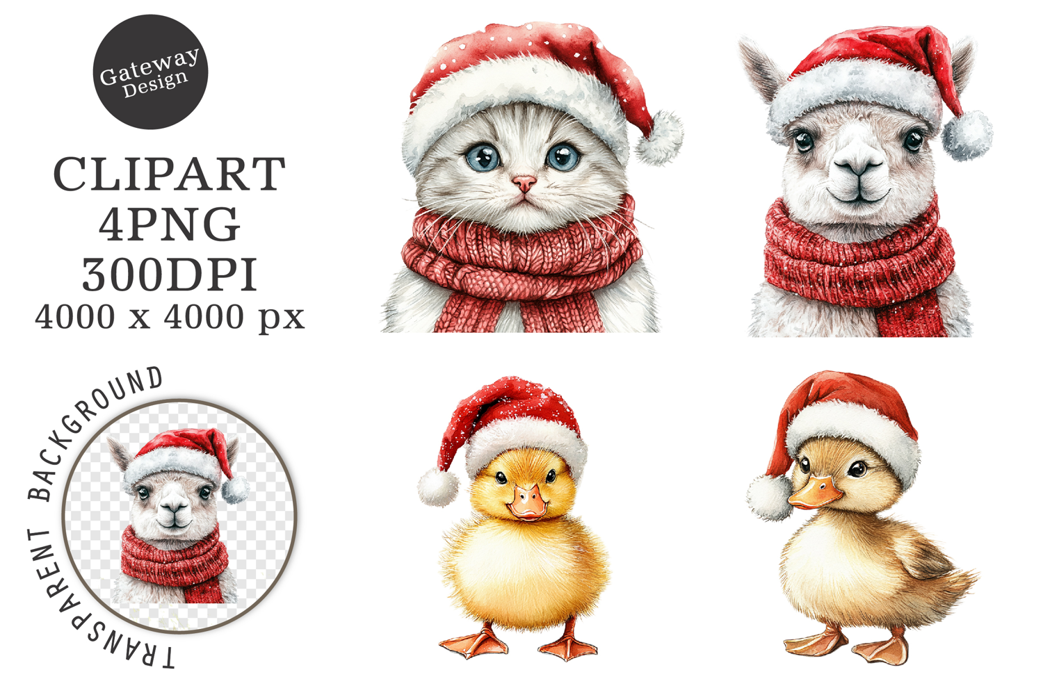 Watercolor Christmas Farm Animals Clipart product image 1