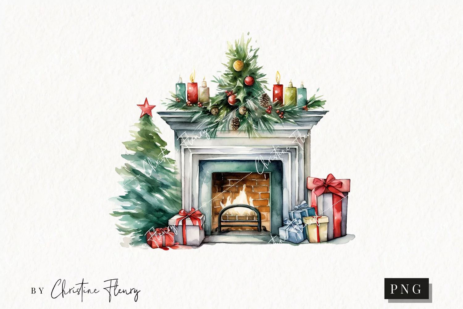 Watercolor Christmas Fireplace Clipart | Christmas Clipart product image 1