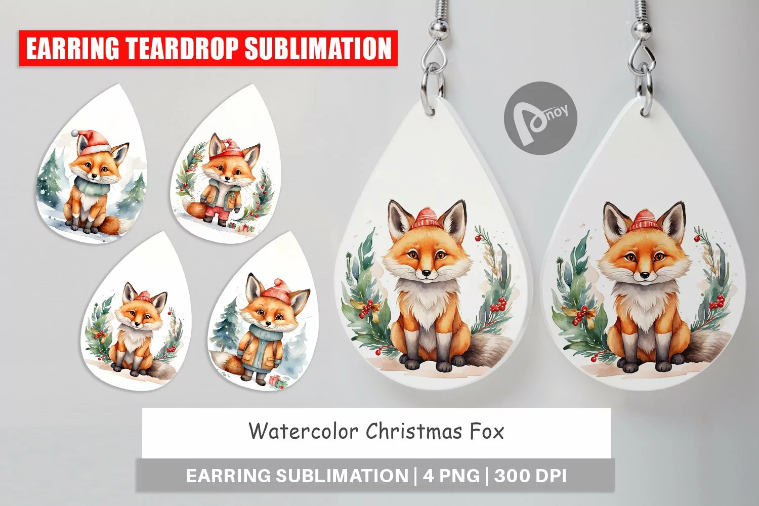 Earring Teardrop Watercolor Christmas Fox product image 1