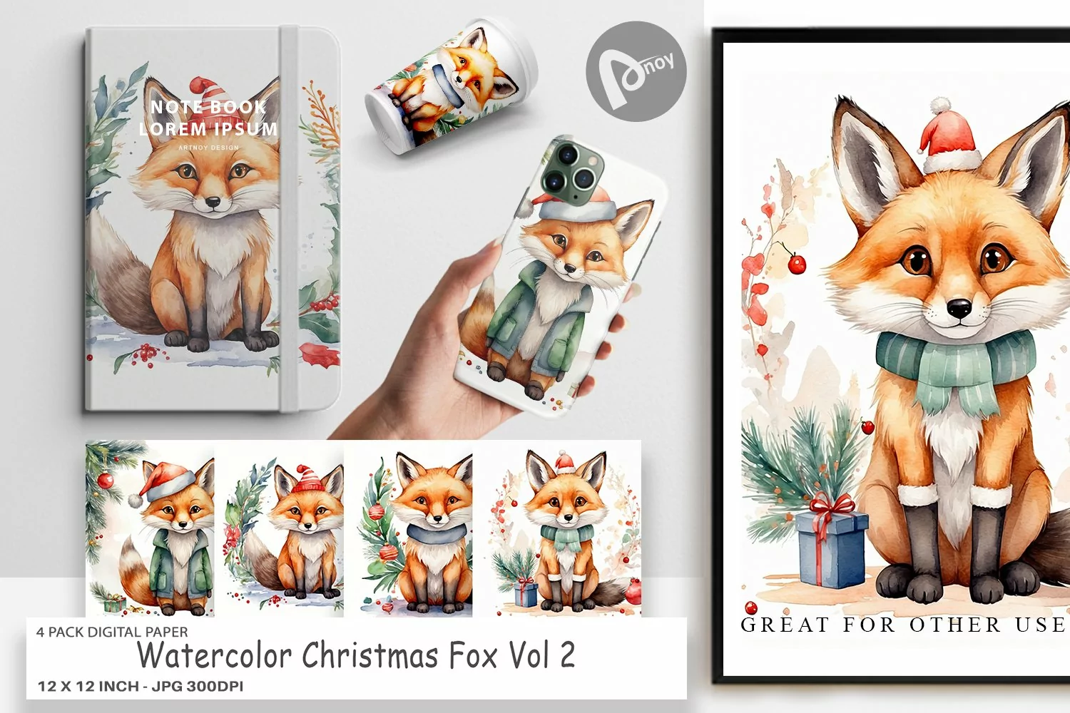 Digital Paper Watercolor Christmas Fox product image 1