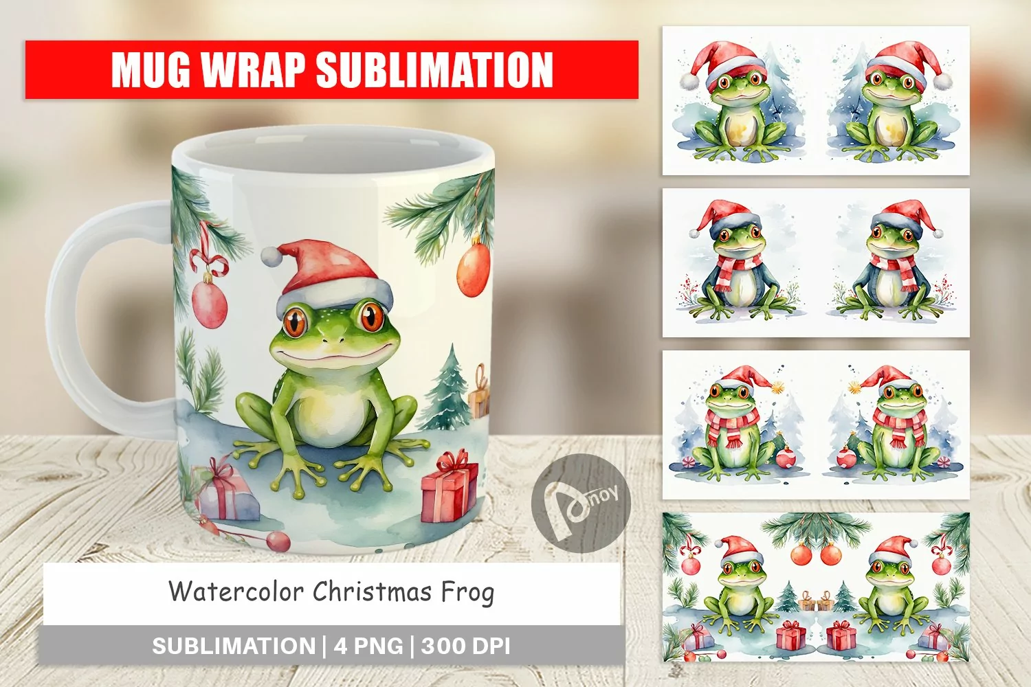 Mug Wrap Design Watercolor Christmas Frog product image 1