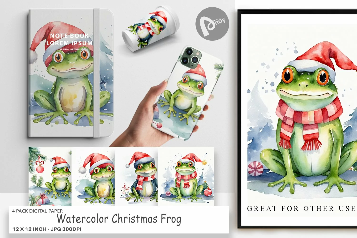 Digital Paper Watercolor Christmas Frog product image 1