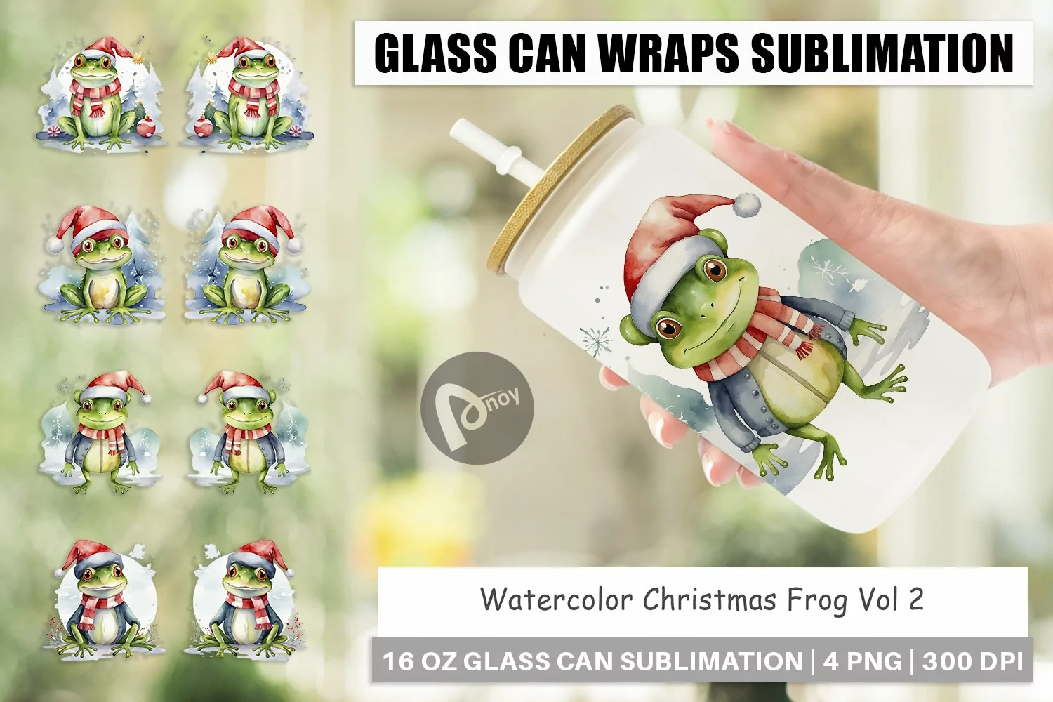 Glass Can Wraps Watercolor Christmas Frog product image 1