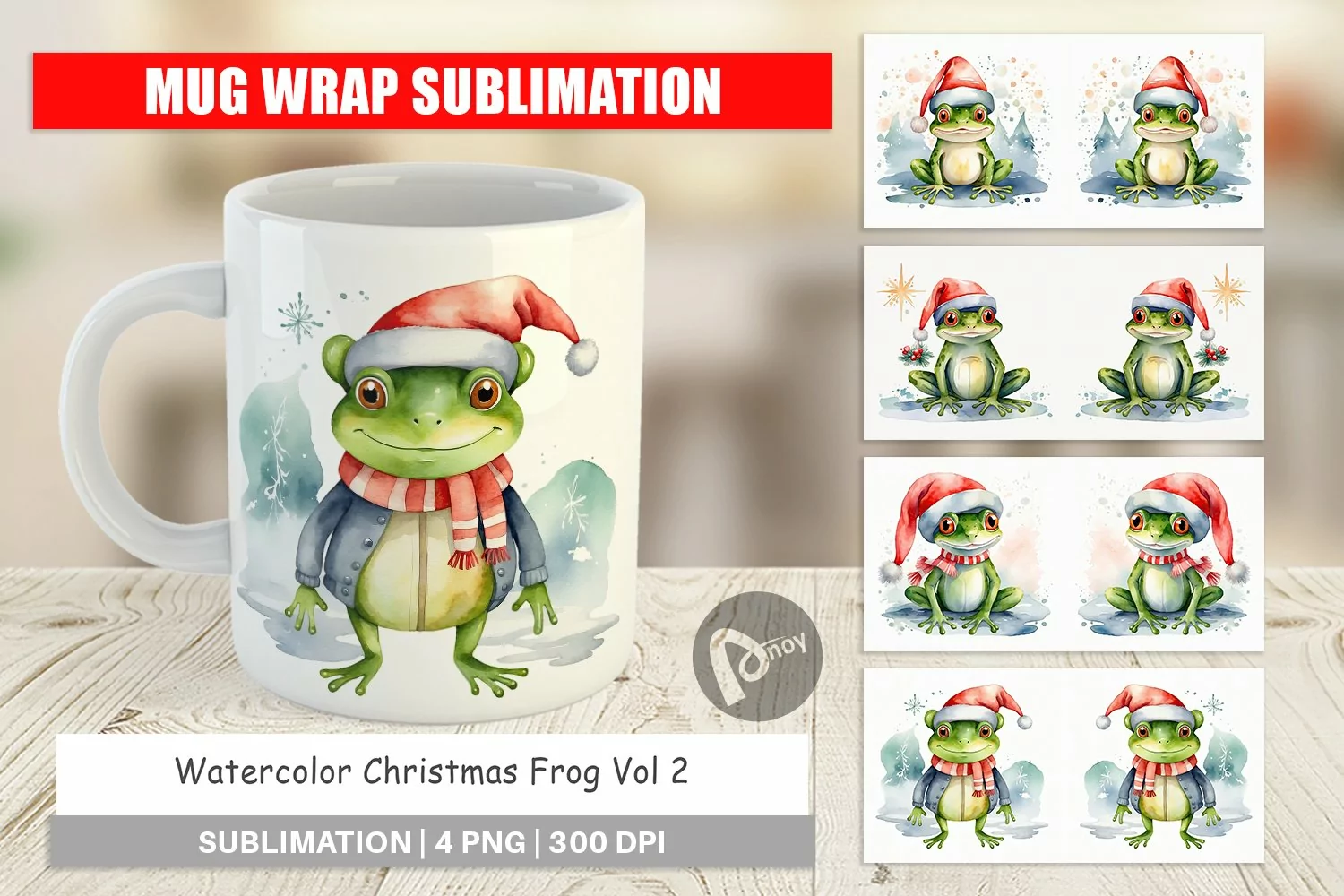 Mug Wrap Design Watercolor Christmas Frog product image 1