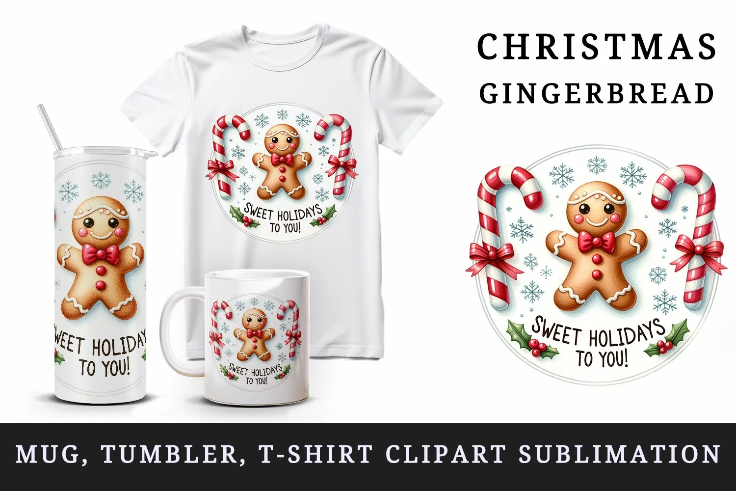 Watercolor Christmas gingerbread man candy cane Sweet holidays quote print 20 oz tumbler skinny mug wrap clipart t-shirt sublimation printable design
