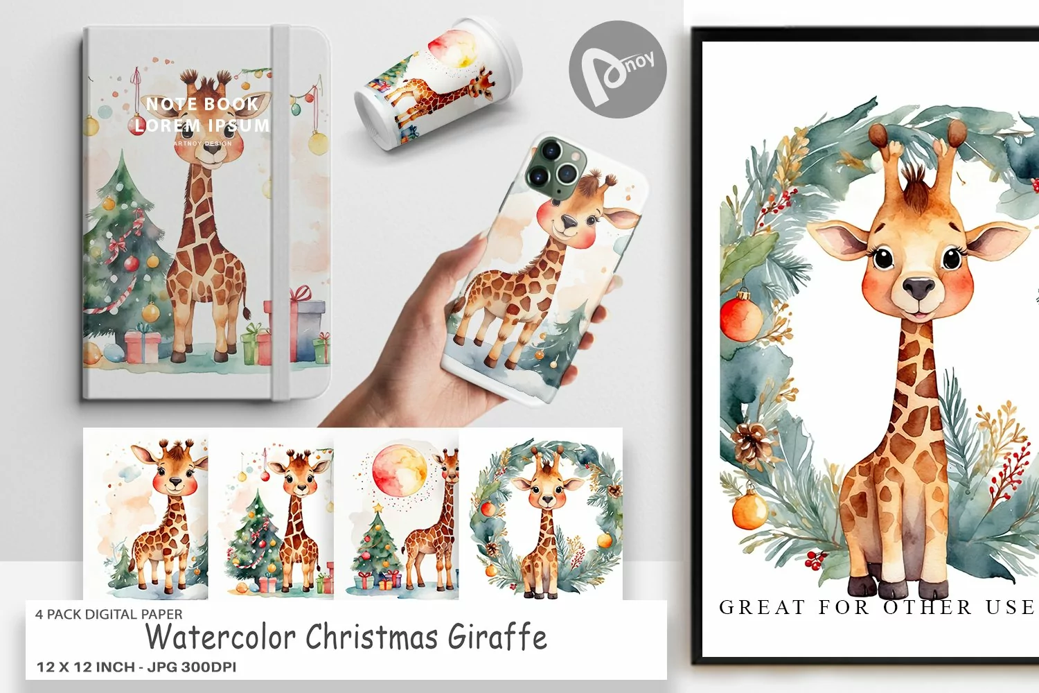 Digital Paper Watercolor Christmas Giraffe product image 1