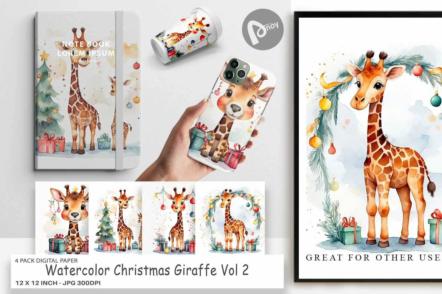 Digital Paper Watercolor Christmas Giraffe product image 1