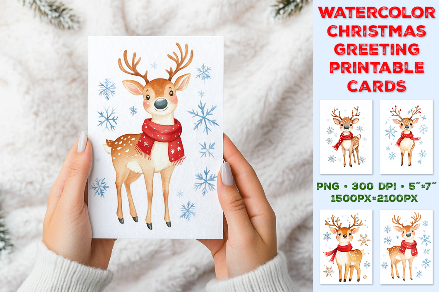 Watercolor Christmas Printable Greeting Card with Reindeer product image 1