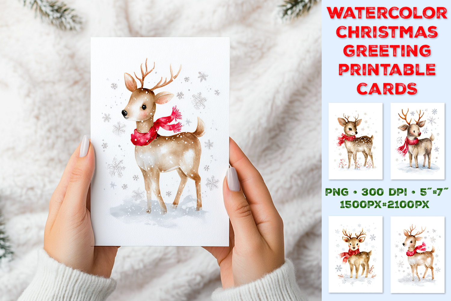 Watercolor Christmas Printable Greeting Card with Reindeer product image 1