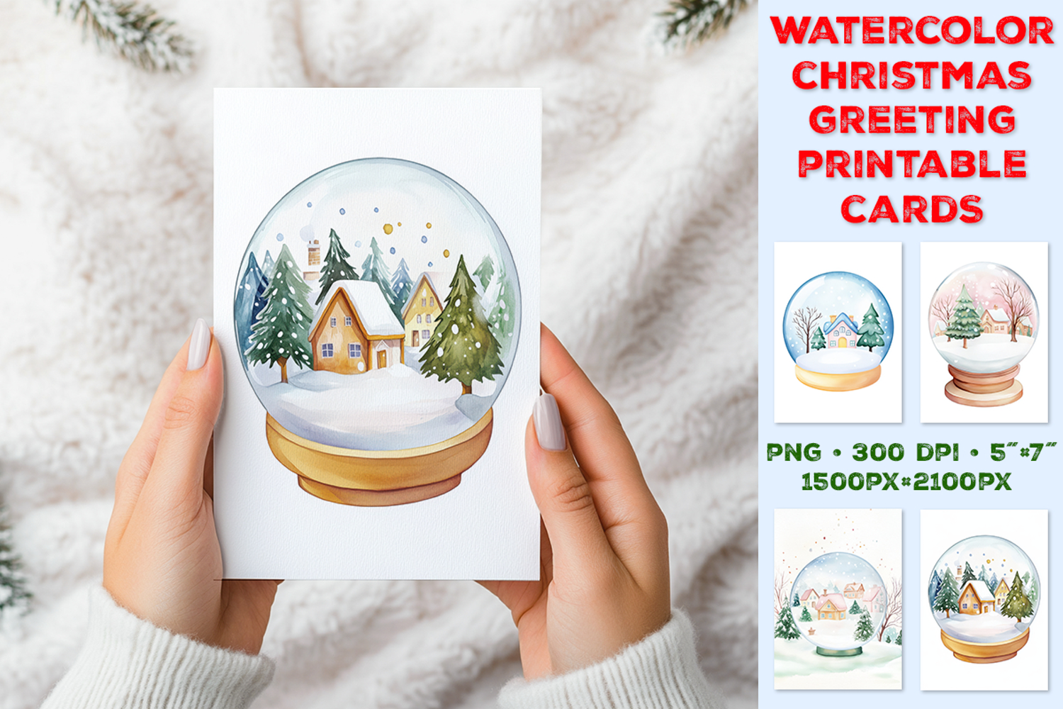Watercolor Christmas Printable Greeting Card with Snow Globe product image 1